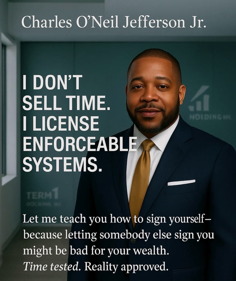Charles ONeil Jefferson Jr., professional man in business suit and gold tie, next to text about licensing enforceable systems and wealth building.